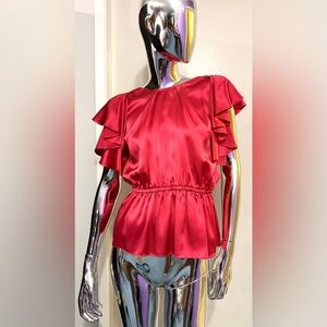 See By Chloe - Vibrant Watermelon Red Silk Blouse w/Shoulder Pleats low back